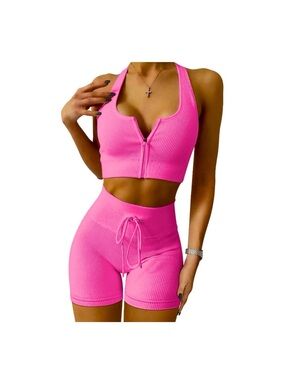 Women's Athletic Shorts and Crop Sports Bra Workout Set - Hot Pink